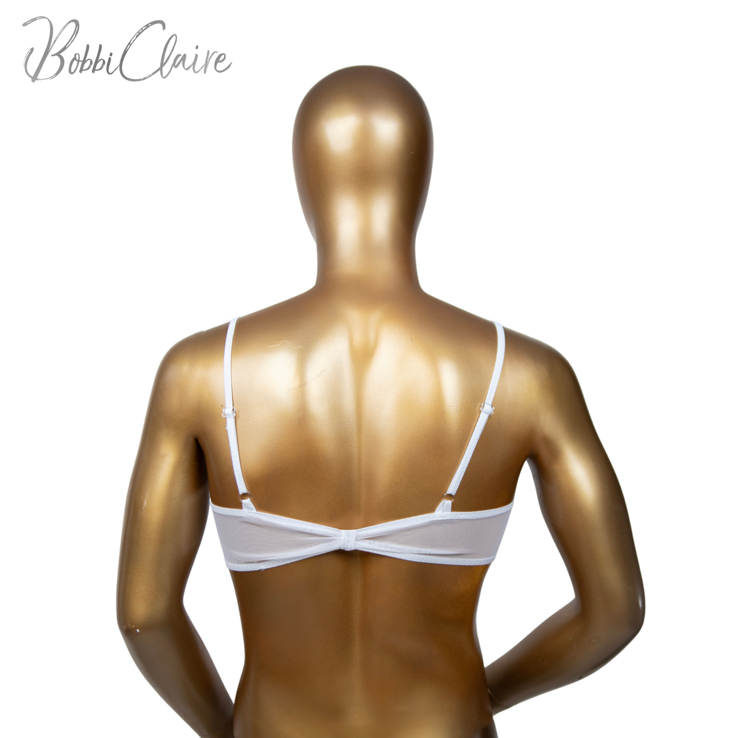 BobbiClaire Beaufield white Sheer Pullover Nylon Bralette male mannequin back view