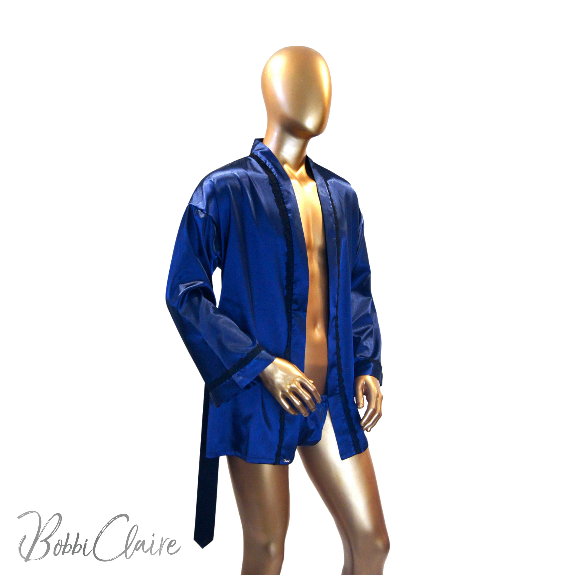BobbiClaire's Reynaud Luxury Blue Satin Nylon Robe on a male mannequin front view