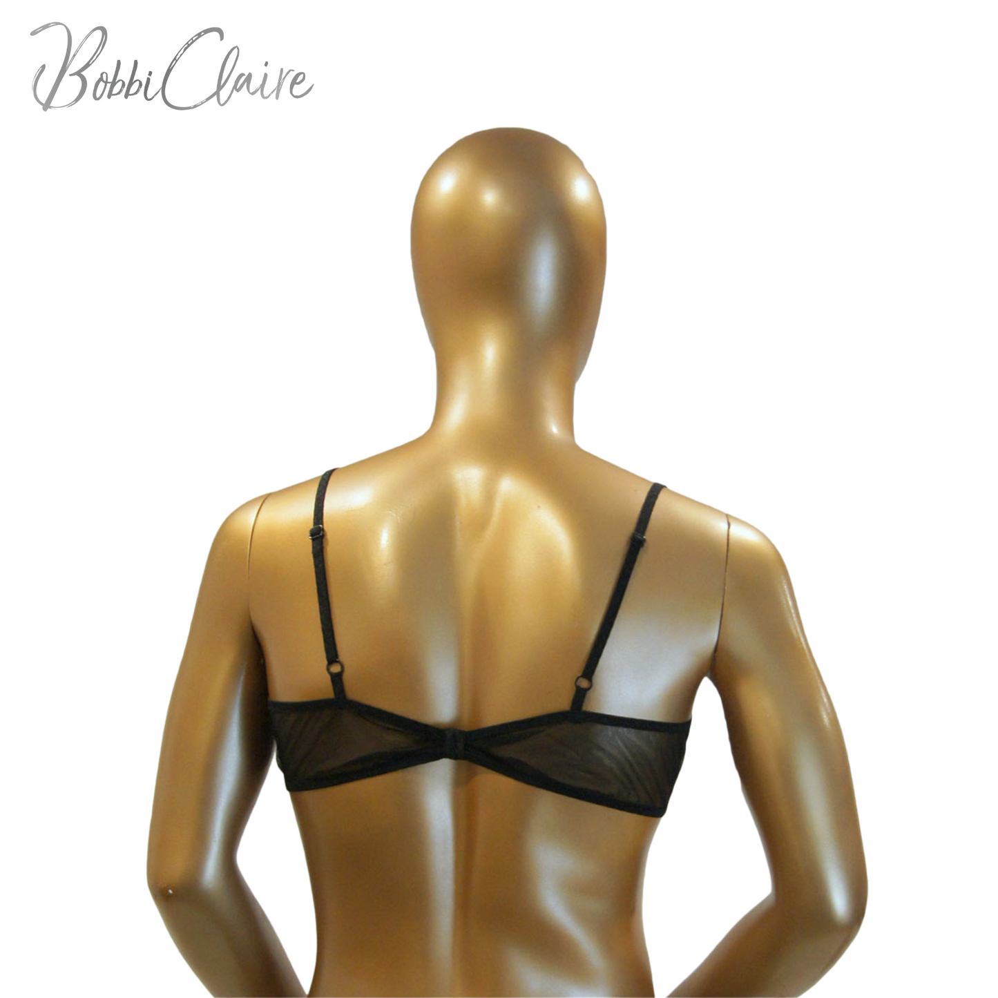 BobbiClaire Beaufield black Sheer Pullover Nylon Bralette male mannequin back view
