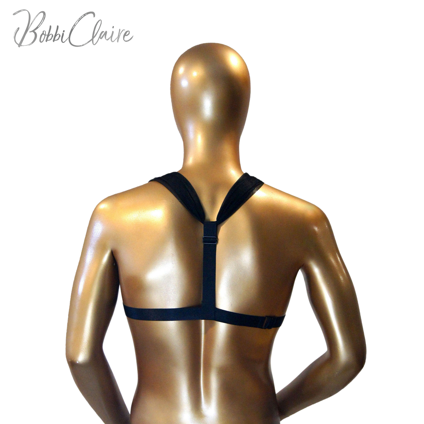 back of male wearing sheer chiffon bralette, features adjustable plush straps