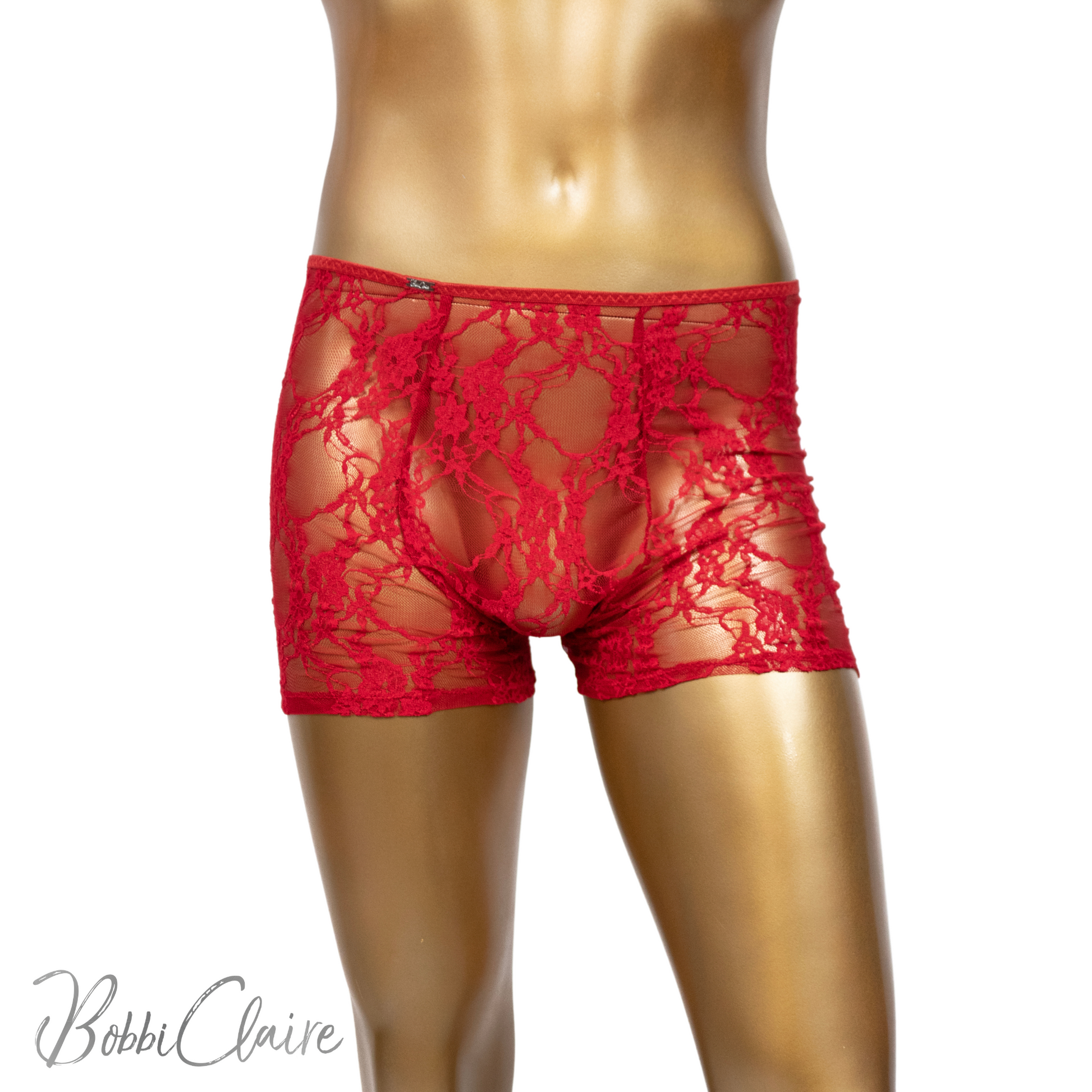 front view of red lace boxers on a mannequin made in Canada 